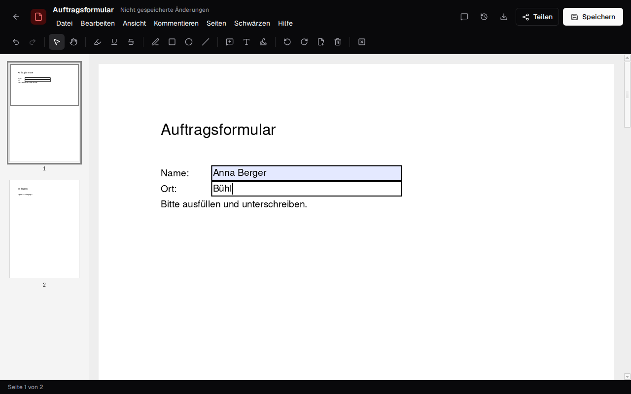 An order form as a PDF, filled in in the browser