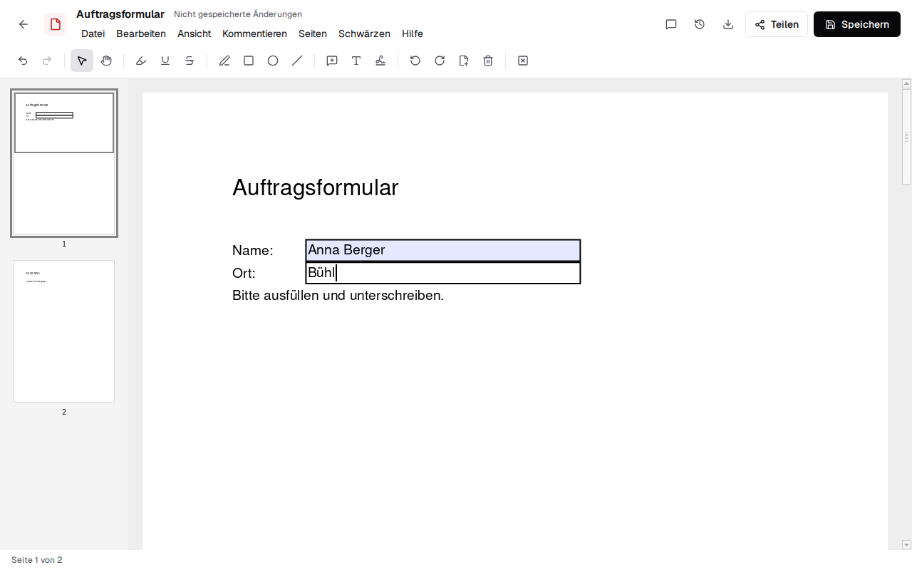 An order form as a PDF, filled in in the browser