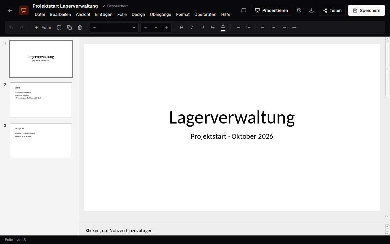 A presentation with the slide list and the title slide