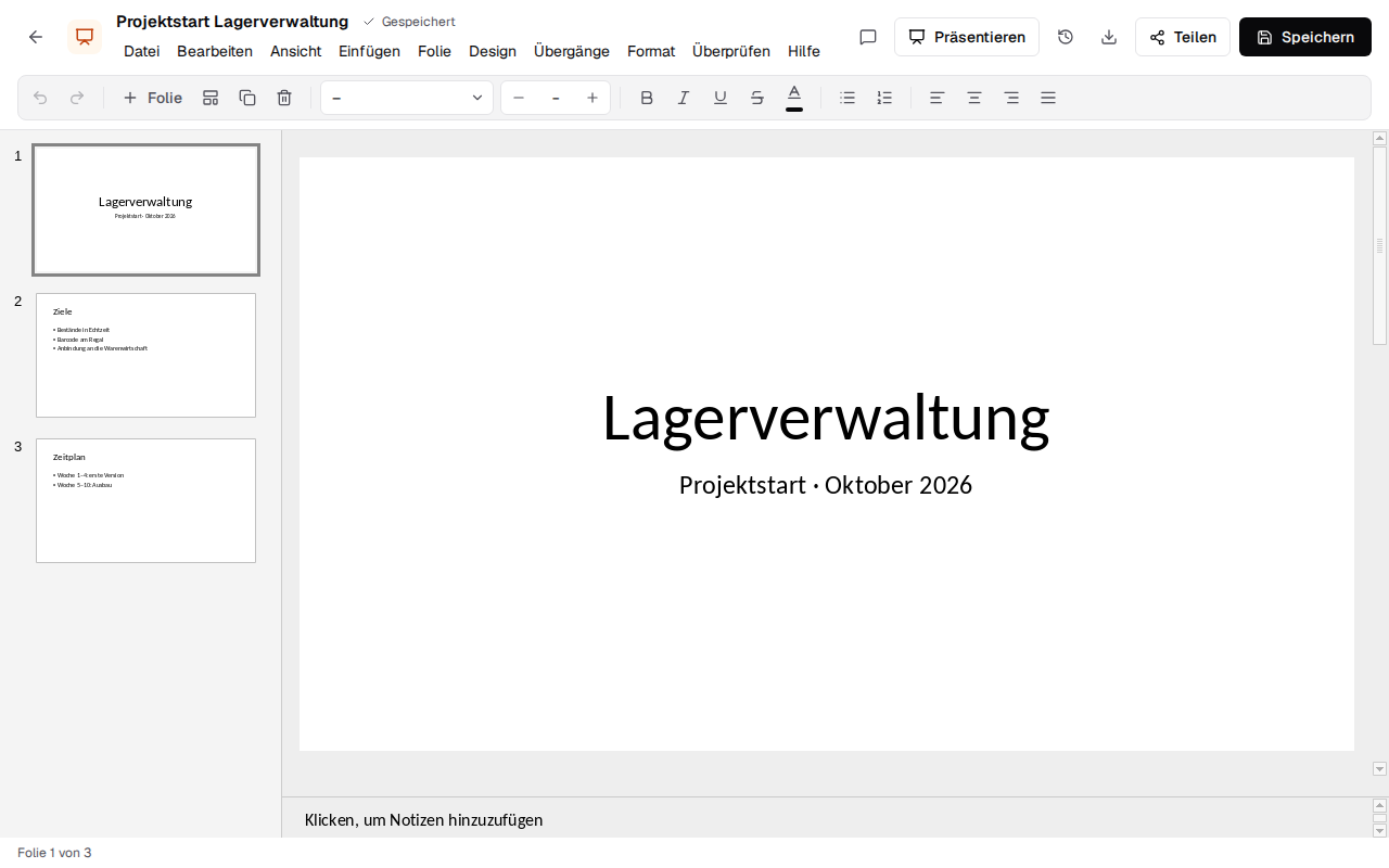 A presentation with the slide list and the title slide