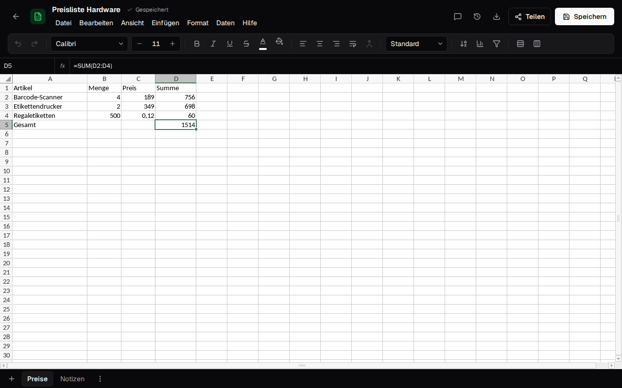 A price list as a spreadsheet with a sum formula