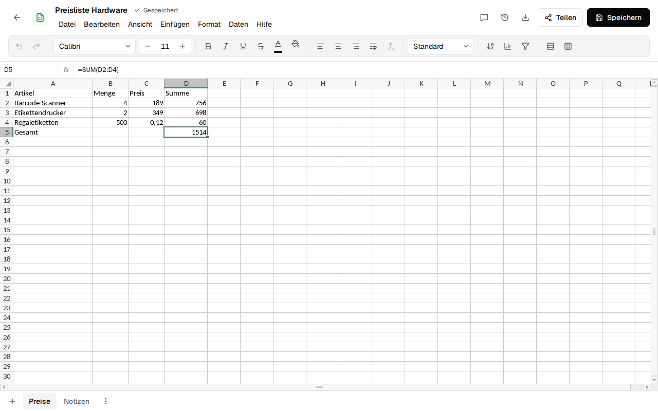 A price list as a spreadsheet with a sum formula