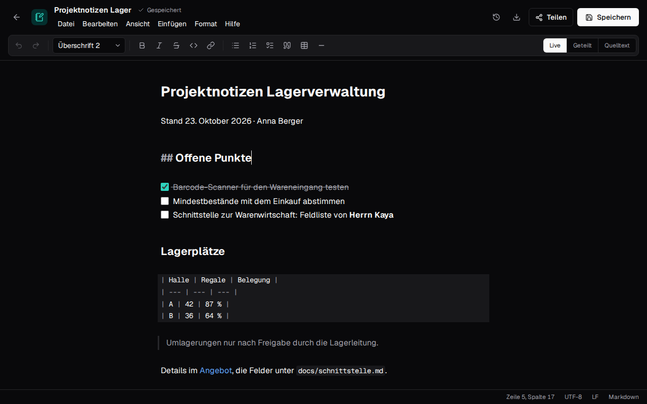 Project notes in Markdown with a checklist and a table