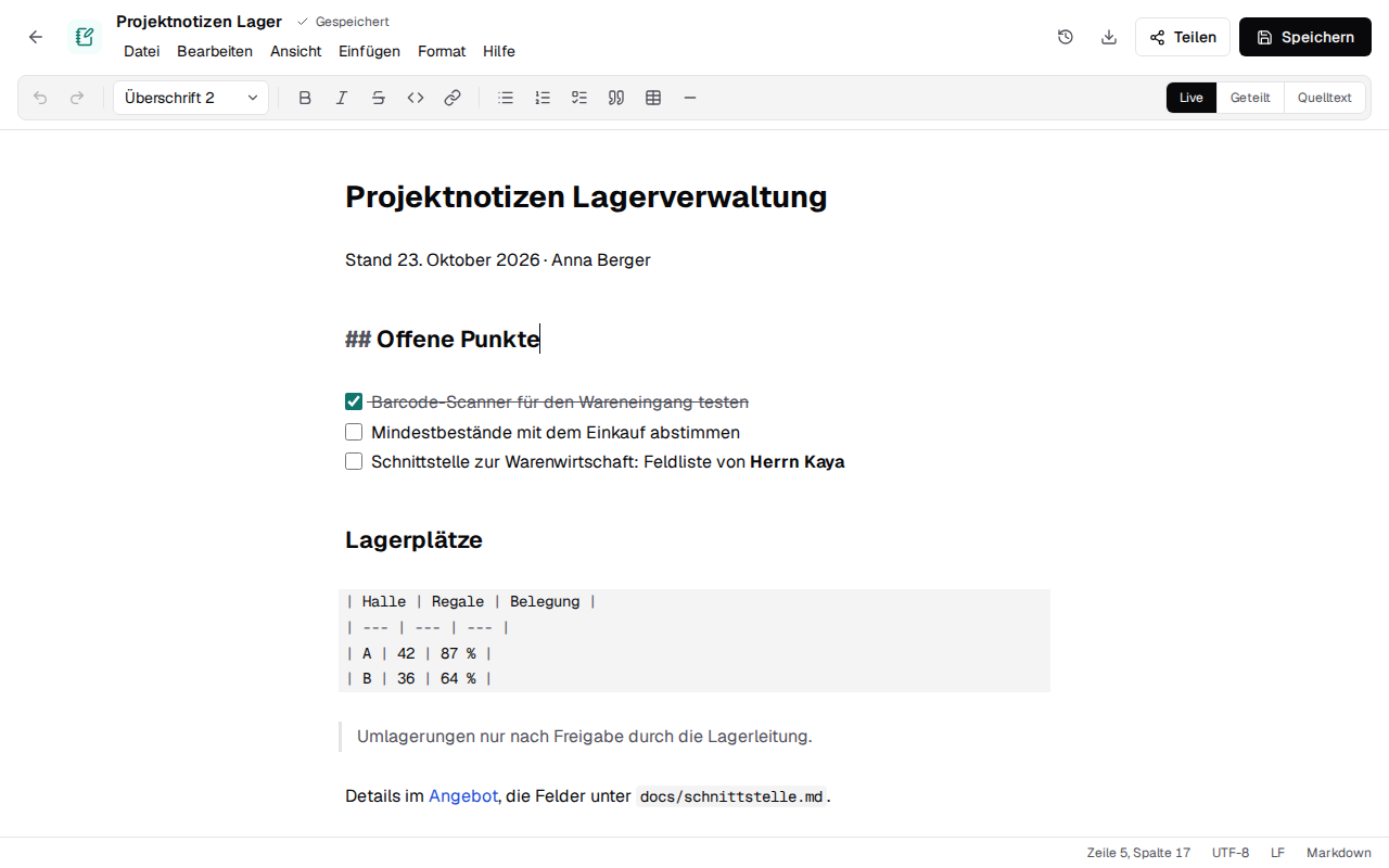 Project notes in Markdown with a checklist and a table