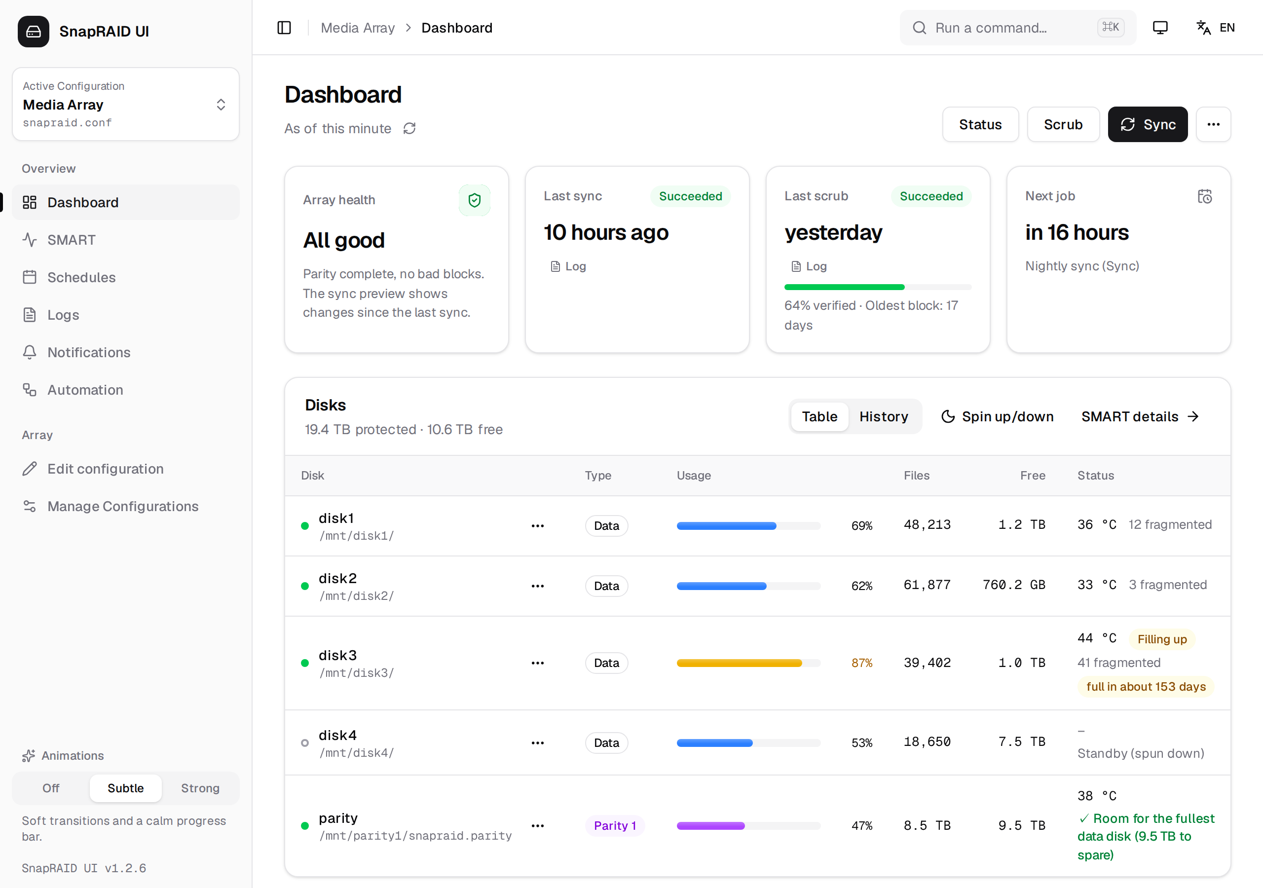 SnapRAID UI dashboard