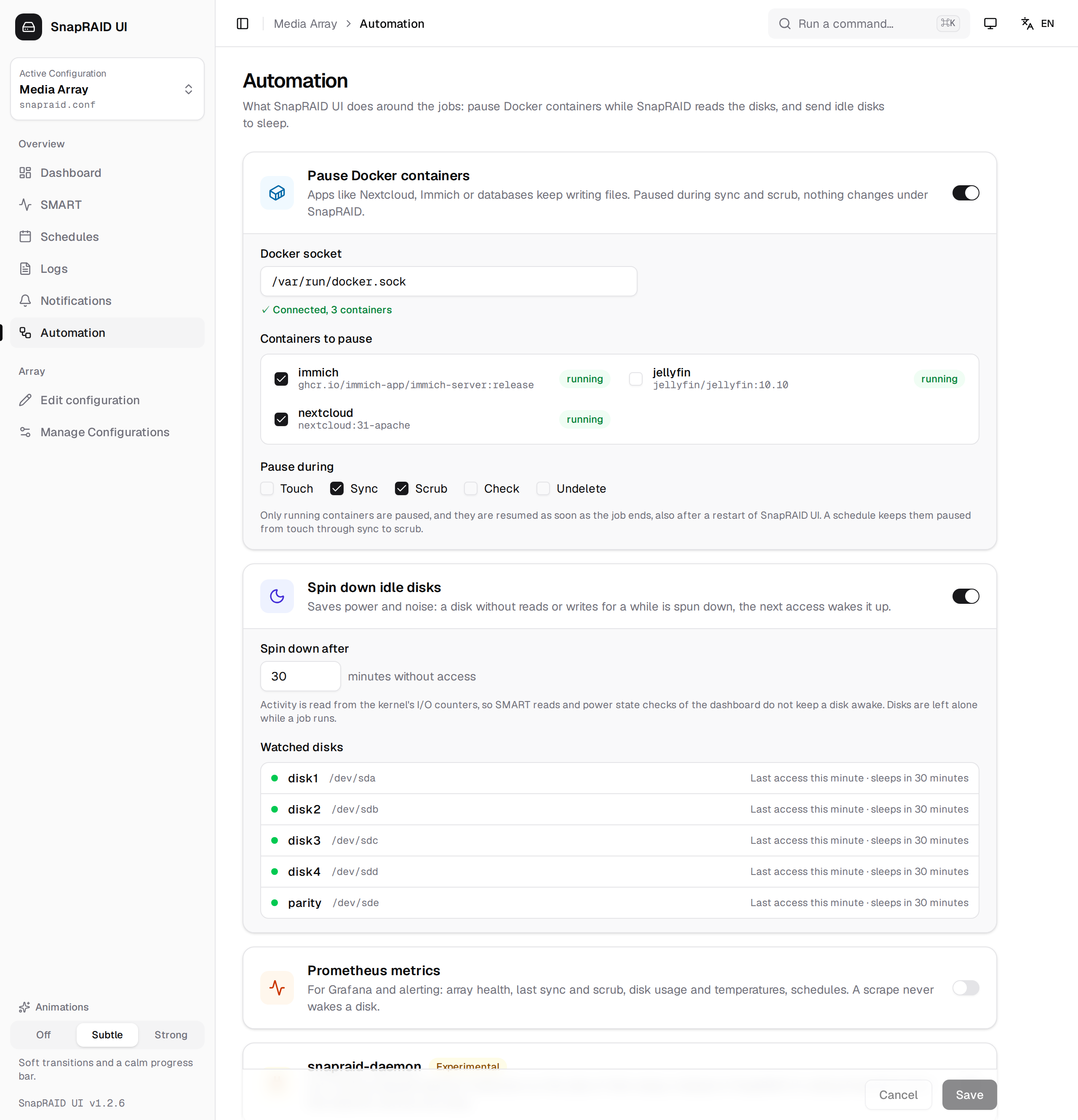 Automation settings with Docker containers and disk spindown