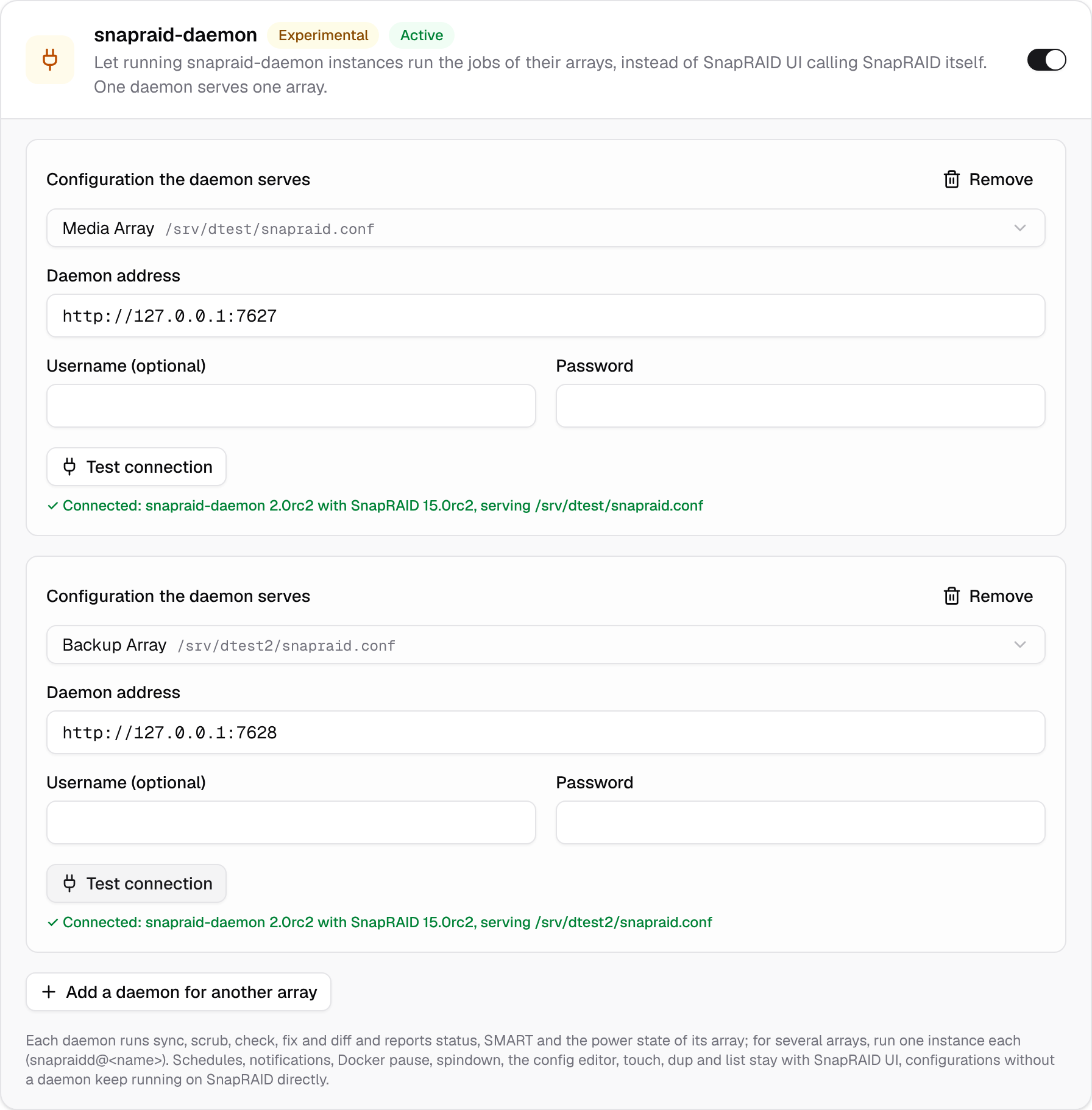 snapraid-daemon settings with two daemons