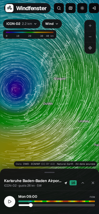 The wind map on a phone: the colour field with particles, the model chips at the top and the spot sheet with the coming hours