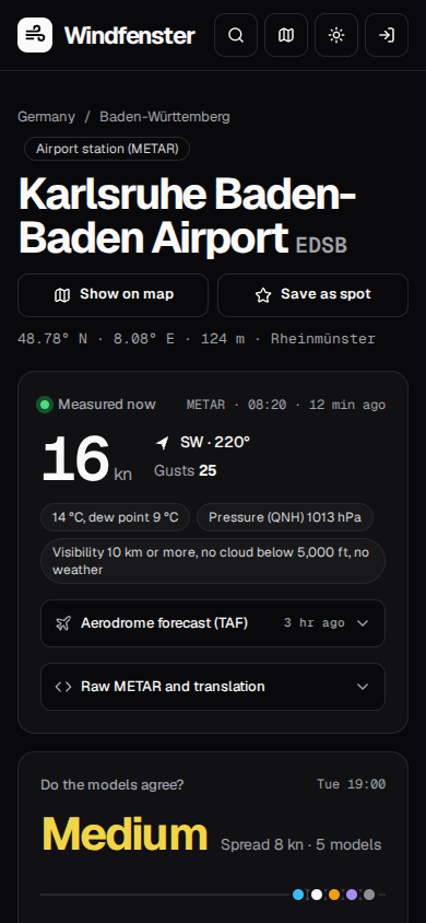 Windfenster on a phone: a station page in dark mode with the live wind and the quick view